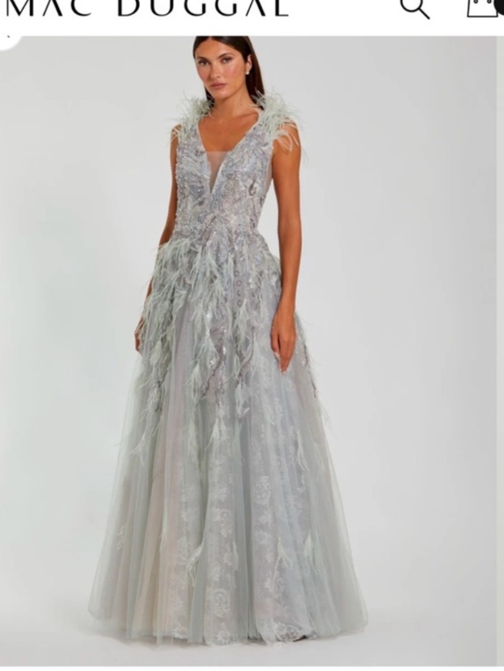 Mac Duggal Silver Feather-Embellished Tulle Gown